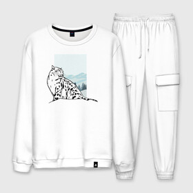 Мужской костюм хлопок с принтом Снежный Леопард в Ухте, 100% хлопок | на свитшоте круглая горловина, мягкая резинка по низу. Брюки заужены к низу, на них два вида карманов: два “обычных” по бокам и два объемных, с клапанами, расположенные ниже линии бедра. Брюки с мягкой трикотажной резинкой на поясе и по низу штанин. В поясе для дополнительного комфорта — широкие завязки | leopard | snow | winter | зима | леопард | снег | снежный