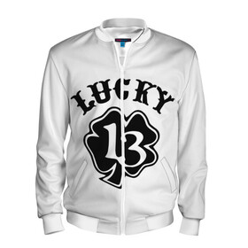 Мужской бомбер 3D с принтом Lucky в Ухте, 100% полиэстер | застегивается на молнию, по бокам два кармана без застежек, по низу бомбера и на воротнике - эластичная резинка | 13 | lucky | клевер | надпись | цифры | число
