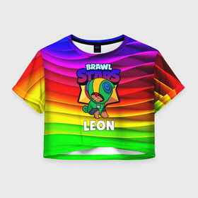 Женская футболка Crop-top 3D с принтом BRAWL STARS LEON в Ухте, 100% полиэстер | круглая горловина, длина футболки до линии талии, рукава с отворотами | 2020 | android | brawl stars | crow | games | leon | mobile game | stars | бравл старс | ворон | игры | леон | мобильные игры