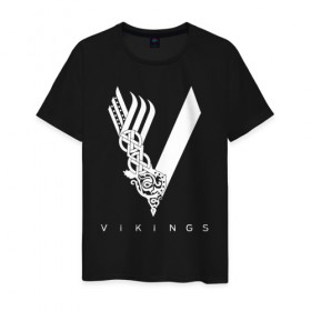 Мужская футболка хлопок с принтом VIKINGS. в Ухте, 100% хлопок | прямой крой, круглый вырез горловины, длина до линии бедер, слегка спущенное плечо. | series | series vikings | vikings | викинги | сериал | сериал викинги
