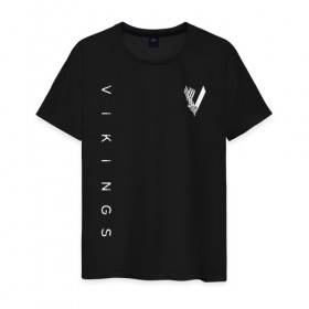 Мужская футболка хлопок с принтом VIKINGS. в Ухте, 100% хлопок | прямой крой, круглый вырез горловины, длина до линии бедер, слегка спущенное плечо. | series | series vikings | vikings | викинги | сериал | сериал викинги