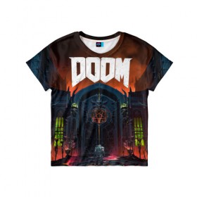 Детская футболка 3D с принтом DOOM - Hellgate в Ухте, 100% гипоаллергенный полиэфир | прямой крой, круглый вырез горловины, длина до линии бедер, чуть спущенное плечо, ткань немного тянется | doom | eternal | game | gate | hell | horror | ад | врата | дум | игра | персонаж | хоррор | шутер