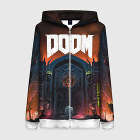 Женская толстовка 3D на молнии с принтом DOOM - Hellgate в Ухте, 100% полиэстер | длина до линии бедра, манжеты и пояс оформлены мягкой тканевой резинкой, двухслойный капюшон со шнурком для регулировки, спереди молния, по бокам два кармана | doom | eternal | game | gate | hell | horror | ад | врата | дум | игра | персонаж | хоррор | шутер