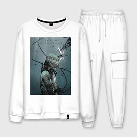 Мужской костюм хлопок с принтом Death Stranding в Ухте, 100% хлопок | на свитшоте круглая горловина, мягкая резинка по низу. Брюки заужены к низу, на них два вида карманов: два “обычных” по бокам и два объемных, с клапанами, расположенные ниже линии бедра. Брюки с мягкой трикотажной резинкой на поясе и по низу штанин. В поясе для дополнительного комфорта — широкие завязки | Тематика изображения на принте: death stranding | games | genius | hideo kojima | higgs | mads mikkelsen | norman reedus | гений | игры | мадс миккельсен | норман ридус | хиггс | хидео кодзима