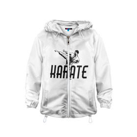 Детская ветровка 3D с принтом KARATE в Ухте, 100% полиэстер | подол и капюшон оформлены резинкой с фиксаторами, по бокам два кармана без застежек, один потайной карман на груди | Тематика изображения на принте: sport | единоборство | каратэ | кимоно | лого | спорт | удар | человек