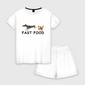 Женская пижама с шортиками хлопок с принтом Fast food (цвет) в Ухте, 100% хлопок | футболка прямого кроя, шорты свободные с широкой мягкой резинкой | fast food | бег | быстрая еда | быстро | догнать | домашние животные | животные | забавные животные | кот | кот и пес | кошка | кошка бежит | кошка и собака | ловить | любителю кошек | пес | преследовать
