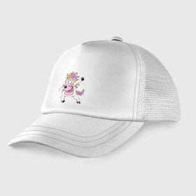 Детская кепка тракер с принтом Dabbing Unicorn в Ухте, Козырек - 100% хлопок. Кепка - 100% полиэстер, Задняя часть - сетка | универсальный размер, пластиковая застёжка | Тематика изображения на принте: best | dab | dabbig | dance | freedom | hip hop | music | rap | unicorn | даб | даббинг | единорог | крутой | лучший | музыка | рэп | рэпер | свобода | танец | хип хоп