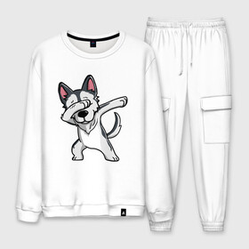 Мужской костюм хлопок с принтом Dabbing Dog в Ухте, 100% хлопок | на свитшоте круглая горловина, мягкая резинка по низу. Брюки заужены к низу, на них два вида карманов: два “обычных” по бокам и два объемных, с клапанами, расположенные ниже линии бедра. Брюки с мягкой трикотажной резинкой на поясе и по низу штанин. В поясе для дополнительного комфорта — широкие завязки | best | dab | dabbig | dance | dog | freedom | hip hop | music | rap | даб | даббинг | друг | животные | крутой | лучший | музыка | пёс | рэп | рэпер | свобода | собака | танец | хип хоп | щенок