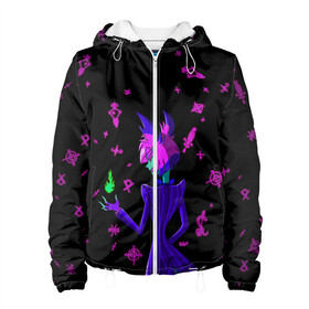 Женская куртка 3D Аластор Неон: в Ухте, ткань верха — 100% полиэстер, подклад — флис | прямой крой, подол и капюшон оформлены резинкой с фиксаторами, два кармана без застежек по бокам, один большой потайной карман на груди. Карман на груди застегивается на липучку | hazbin hotel | hazbin hotel аластор | аластор неон | аластор отель хазбин | неон | отель хазбин | отель хазбин аластор