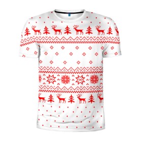 Мужская футболка 3D спортивная с принтом НОВОГОДНИЙ СВИТЕР С ОЛЕНЯМИ в Ухте, 100% полиэстер с улучшенными характеристиками | приталенный силуэт, круглая горловина, широкие плечи, сужается к линии бедра | deer | happy new year | merry christmas | new year | дед мороз | новогодний | новый год | олени | праздник | санта | свитер | свитер с оленями