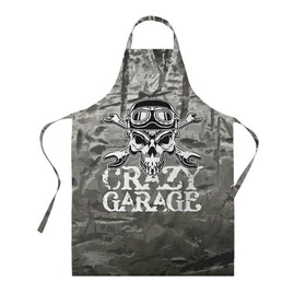 Фартук 3D с принтом Crazy garage в Ухте, 100% полиэстер | общий размер — 65 х 85 см, ширина нагрудника — 26 см, горловина — 53 см, длина завязок — 54 см, общий обхват в поясе — 173 см. Принт на завязках и на горловине наносится с двух сторон, на основной части фартука — только с внешней стороны | bones | garage | helmet | metal | orbits | skull | teeth | wrench | гаечный ключ | гараж | глазницы | зубы | металл | череп | шлем