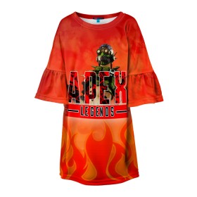 Детское платье 3D с принтом Apex Legends в Ухте, 100% полиэстер | прямой силуэт, чуть расширенный к низу. Круглая горловина, на рукавах — воланы | Тематика изображения на принте: apex | game | legends | titanfall | апекс | апекс легендс | игра | легендс | шутер