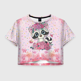 Женская футболка Crop-top 3D с принтом Милый енотик в Ухте, 100% полиэстер | круглая горловина, длина футболки до линии талии, рукава с отворотами | бабочки | венок | день влюбленных | день святого валентина | для девочек | дочке | дочь | енот | енотик | жене | женщине | любимой | маме | милая | милота | милый | розы | сестре | цветы
