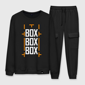 Мужской костюм хлопок с принтом Box box box в Ухте, 100% хлопок | на свитшоте круглая горловина, мягкая резинка по низу. Брюки заужены к низу, на них два вида карманов: два “обычных” по бокам и два объемных, с клапанами, расположенные ниже линии бедра. Брюки с мягкой трикотажной резинкой на поясе и по низу штанин. В поясе для дополнительного комфорта — широкие завязки | f1 | формула 1