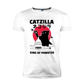 Мужская футболка премиум с принтом Catzilla King of Pawster в Ухте, 92% хлопок, 8% лайкра | приталенный силуэт, круглый вырез ворота, длина до линии бедра, короткий рукав | cat | catzilla | kitty | paw | pawster | годзилла | кот | котики | коты | кошки | пародия
