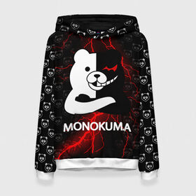 Женская толстовка 3D с принтом MONOKUMA. в Ухте, 100% полиэстер  | двухслойный капюшон со шнурком для регулировки, мягкие манжеты на рукавах и по низу толстовки, спереди карман-кенгуру с мягким внутренним слоем. | anime | bear | black  white | danganronpa | kurokuma | monodam | monokuma | monomi | monotaro | pink | rabbit | school | shirokuma | аниме | главарь | мoноми | монокума | черно белый | школа