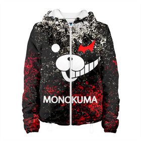 Женская куртка 3D с принтом MONOKUMA. в Ухте, ткань верха — 100% полиэстер, подклад — флис | прямой крой, подол и капюшон оформлены резинкой с фиксаторами, два кармана без застежек по бокам, один большой потайной карман на груди. Карман на груди застегивается на липучку | anime | bear | black  white | danganronpa | kurokuma | monodam | monokuma | monomi | monotaro | pink | rabbit | school | shirokuma | аниме | главарь | мoноми | монокума | черно белый | школа