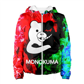 Женская куртка 3D с принтом MONOKUMA. в Ухте, ткань верха — 100% полиэстер, подклад — флис | прямой крой, подол и капюшон оформлены резинкой с фиксаторами, два кармана без застежек по бокам, один большой потайной карман на груди. Карман на груди застегивается на липучку | anime | bear | black  white | danganronpa | kurokuma | monodam | monokuma | monomi | monotaro | pink | rabbit | school | shirokuma | аниме | главарь | мoноми | монокума | черно белый | школа