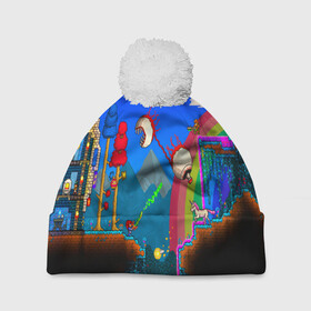 Шапка 3D c помпоном с принтом TERRARIA GAME в Ухте, 100% полиэстер | универсальный размер, печать по всей поверхности изделия | Тематика изображения на принте: game | pixel | terraria | игра | пиксель | террариа