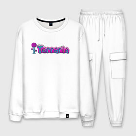 Мужской костюм хлопок с принтом Terraria в Ухте, 100% хлопок | на свитшоте круглая горловина, мягкая резинка по низу. Брюки заужены к низу, на них два вида карманов: два “обычных” по бокам и два объемных, с клапанами, расположенные ниже линии бедра. Брюки с мягкой трикотажной резинкой на поясе и по низу штанин. В поясе для дополнительного комфорта — широкие завязки | Тематика изображения на принте: game | logo | teraria | terraria | игра | инди игра | логотип | надпись | терария | террария