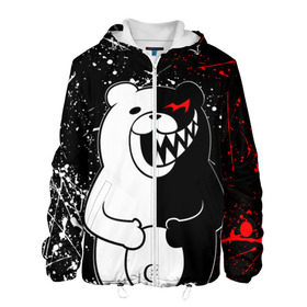 Мужская куртка 3D с принтом MONOKUMA в Ухте, ткань верха — 100% полиэстер, подклад — флис | прямой крой, подол и капюшон оформлены резинкой с фиксаторами, два кармана без застежек по бокам, один большой потайной карман на груди. Карман на груди застегивается на липучку | Тематика изображения на принте: anime | bear | black  white | danganronpa | kurokuma | monodam | monokuma | monomi | monotaro | rabbit | school | shirokuma | аниме | главарь | мoноми | монокума | черно белый | школа