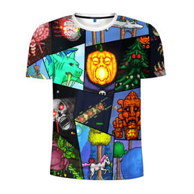 Мужская футболка 3D спортивная с принтом Terraria allpic в Ухте, 100% полиэстер с улучшенными характеристиками | приталенный силуэт, круглая горловина, широкие плечи, сужается к линии бедра | Тематика изображения на принте: game | pixel | terraria | игра | пиксель | террариа
