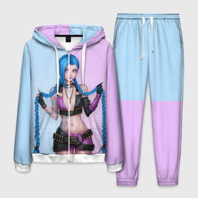 Мужской костюм 3D с принтом League of Legends Jinx в Ухте, 100% полиэстер | Манжеты и пояс оформлены тканевой резинкой, двухслойный капюшон со шнурком для регулировки, карманы спереди | art | braids | cartridges | character | game | girl | jinx | league of legends | lol | pigtails | tattoo | арт | девушка | джинкс | игра | косички | косы | лига легенд | лол | патроны | персонаж | тату