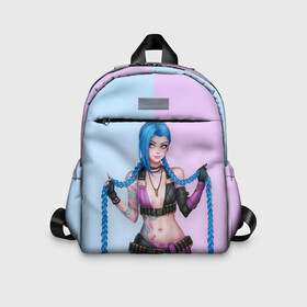 Детский рюкзак 3D с принтом League of Legends Jinx в Ухте, 100% полиэстер | лямки с регулируемой длиной, сверху петелька, чтобы рюкзак можно было повесить на вешалку. Основное отделение закрывается на молнию, как и внешний карман. Внутри дополнительный карман. По бокам два дополнительных кармашка | art | braids | cartridges | character | game | girl | jinx | league of legends | lol | pigtails | tattoo | арт | девушка | джинкс | игра | косички | косы | лига легенд | лол | патроны | персонаж | тату
