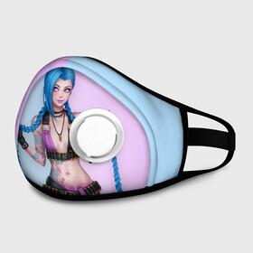 Маска из неопрена с принтом League of Legends Jinx в Ухте, неопрен 100% | Форма огибающая нос. Резинки для ушей с дополнительной резинкой на затылке. Клапан для выдоха для активного дыхания при занятиях спортом. Эластичный материал маски и окантовки для лучшего растяжения и прилегания маски.  | art | braids | cartridges | character | game | girl | jinx | league of legends | lol | pigtails | tattoo | арт | девушка | джинкс | игра | косички | косы | лига легенд | лол | патроны | персонаж | тату