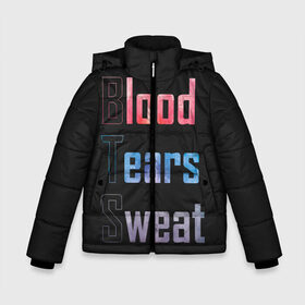 Зимняя куртка для мальчиков 3D с принтом Blood Tears Sweat в Ухте, ткань верха — 100% полиэстер; подклад — 100% полиэстер, утеплитель — 100% полиэстер | длина ниже бедра, удлиненная спинка, воротник стойка и отстегивающийся капюшон. Есть боковые карманы с листочкой на кнопках, утяжки по низу изделия и внутренний карман на молнии. 

Предусмотрены светоотражающий принт на спинке, радужный светоотражающий элемент на пуллере молнии и на резинке для утяжки | bangtan | bighit | boy | fake love | j hope | jimin | jin | jungkook | korea | kpop | live | luv | mic drop | rm | suga | v | with | бтс | кей | поп