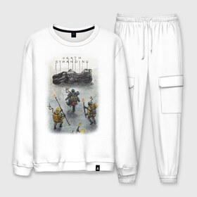 Мужской костюм хлопок с принтом Death Stranding в Ухте, 100% хлопок | на свитшоте круглая горловина, мягкая резинка по низу. Брюки заужены к низу, на них два вида карманов: два “обычных” по бокам и два объемных, с клапанами, расположенные ниже линии бедра. Брюки с мягкой трикотажной резинкой на поясе и по низу штанин. В поясе для дополнительного комфорта — широкие завязки | Тематика изображения на принте: baby | child | death stranding | genius | kojima | kojima productions | skull | гений | кодзима | кодзима гений | младенец | ребенок | хидэо кодзима | череп