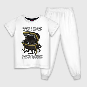 Детская пижама хлопок с принтом Why I Have Trust Issues в Ухте, 100% хлопок |  брюки и футболка прямого кроя, без карманов, на брюках мягкая резинка на поясе и по низу штанин
 | dark | meme | souls | дарк | мем | мимик | надписть | соулс | страшила | сундук | текст