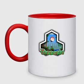 Кружка двухцветная с принтом Terraria в Ухте, керамика | объем — 330 мл, диаметр — 80 мм. Цветная ручка и кайма сверху, в некоторых цветах — вся внутренняя часть | Тематика изображения на принте: game | logo | teraria | terraria | игра | инди игра | логотип | надпись | терария | террария