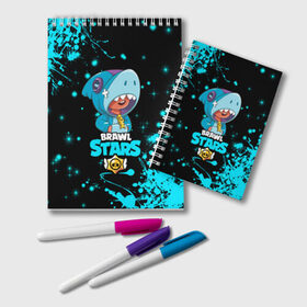 Блокнот с принтом BRAWL STARS LEON SHARK в Ухте, 100% бумага | 48 листов, плотность листов — 60 г/м2, плотность картонной обложки — 250 г/м2. Листы скреплены удобной пружинной спиралью. Цвет линий — светло-серый
 | bib | brawl stars | colt | crow | el brown | leon | leon shark | max | moba | sally leon | shark | акула | берли | биби | бравл старс | браун | ворон | жанр | игра | кольт | леон | леон акула | макс | нита | шелли