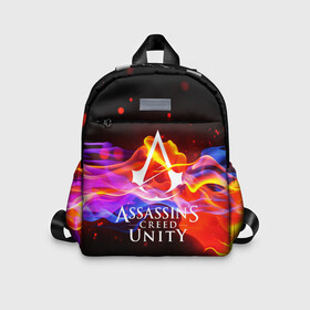 Детский рюкзак 3D с принтом  ASSASSIN`S CREED UNITY в Ухте, 100% полиэстер | лямки с регулируемой длиной, сверху петелька, чтобы рюкзак можно было повесить на вешалку. Основное отделение закрывается на молнию, как и внешний карман. Внутри дополнительный карман. По бокам два дополнительных кармашка | Тематика изображения на принте: black flag | brotherhood | chronicles | creed | game | origins | revelations | rogue | syndicate | unity | альтаир | ассасин | игры | кинжал | пираты