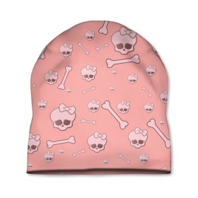 Шапка 3D с принтом Cute bones в Ухте, 100% полиэстер | универсальный размер, печать по всей поверхности изделия | bone | pink | pink skull | skeleton | skull | кости | розовый | череп
