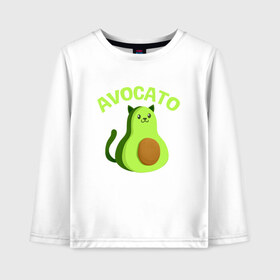 Детский лонгслив хлопок с принтом AVOCATO в Ухте, 100% хлопок | круглый вырез горловины, полуприлегающий силуэт, длина до линии бедер | Тематика изображения на принте: avocado | avocato | avogato | cat | cats | авокадо | авокато | авокот | картинка | картинки | кот | коте | котэ | прикольная | прикольные