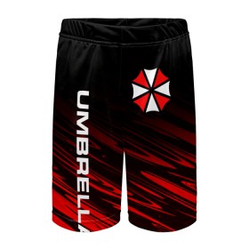 Детские спортивные шорты 3D с принтом UMBRELLA CORPORATION. в Ухте,  100% полиэстер
 | пояс оформлен широкой мягкой резинкой, ткань тянется
 | Тематика изображения на принте: corp | corporation | resident evil | umbrella | umbrella corporation | зомби апокалипсис | зонт | игра