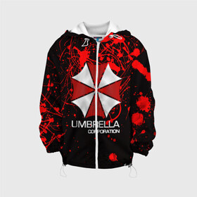 Детская куртка 3D с принтом UMBRELLA CORP в Ухте, 100% полиэстер | застежка — молния, подол и капюшон оформлены резинкой с фиксаторами, по бокам — два кармана без застежек, один потайной карман на груди, плотность верхнего слоя — 90 г/м2; плотность флисового подклада — 260 г/м2 | Тематика изображения на принте: biohazard | biohazard 7 | crocodile | fang | game | hand | monster | new umbrella | resident evil | resident evil 7 | umbrella | umbrella corp | umbrella corporation | zombie | обитель