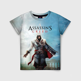 Детская футболка 3D с принтом Assassins Creed в Ухте, 100% гипоаллергенный полиэфир | прямой крой, круглый вырез горловины, длина до линии бедер, чуть спущенное плечо, ткань немного тянется | blood | game | асасин | ассасин | ассасин крид | ассассин | ассассин крид | дезмонд майлс | дитя ассассинов | игра | кровь | надпись | оружие