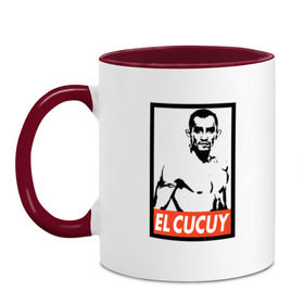 Кружка двухцветная с принтом EL CUCUY в Ухте, керамика | объем — 330 мл, диаметр — 80 мм. Цветная ручка и кайма сверху, в некоторых цветах — вся внутренняя часть | Тематика изображения на принте: cucuy | el cucuy | mma | sport | tony ferguson | ufc | бабайка | бугимен | конор | мма | орел | спорт | тони | тони фергюсон | хабиб | эль кукуй | юфс