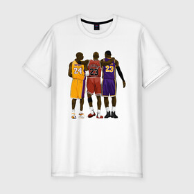 Мужская футболка хлопок Slim с принтом Kobe, Michael, LeBron в Ухте, 92% хлопок, 8% лайкра | приталенный силуэт, круглый вырез ворота, длина до линии бедра, короткий рукав | basketball | black | bryant | bulls | chicago | game | james | jordan | kobe | lakers | lebron | los angeles | michael | nba | rip | sla | баскетбол | баскетболист | брайант | буллс | джеймс | джордан | игрок | коби | леброн | лейкерс | лос андж