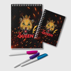 Блокнот с принтом the Queen в Ухте, 100% бумага | 48 листов, плотность листов — 60 г/м2, плотность картонной обложки — 250 г/м2. Листы скреплены удобной пружинной спиралью. Цвет линий — светло-серый
 | queen | большая кошка | королева | корона | кошка | леопард | львица | молния