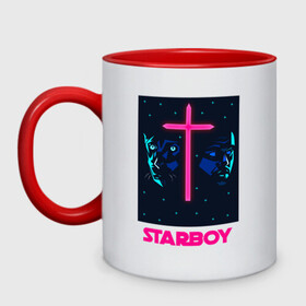 Кружка двухцветная с принтом STARBOY в Ухте, керамика | объем — 330 мл, диаметр — 80 мм. Цветная ручка и кайма сверху, в некоторых цветах — вся внутренняя часть | blinding lights | heartless | starboy | the weekend | уикенд