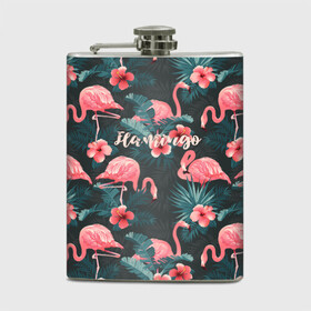 Фляга с принтом Flamingo в Ухте, металлический корпус | емкость 0,22 л, размер 125 х 94 мм. Виниловая наклейка запечатывается полностью | girl | woman | девушкам | девушки | листья | подарок | тропические цветы | фламинго | цветы