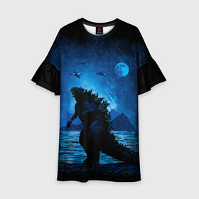 Детское платье 3D с принтом GODZILLA | ГОДЗИЛЛА в Ухте, 100% полиэстер | прямой силуэт, чуть расширенный к низу. Круглая горловина, на рукавах — воланы | Тематика изображения на принте: comic con | godzilla | gojira | logo | годзилла | знаки | иероглифы | лого | монстр | фильм | чудовище