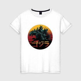 Женская футболка хлопок с принтом GODZILLA | ГОДЗИЛЛА (Z) в Ухте, 100% хлопок | прямой крой, круглый вырез горловины, длина до линии бедер, слегка спущенное плечо | comic con | godzilla | gojira | logo | годзилла | знаки | иероглифы | лого | монстр | фильм | чудовище