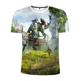 Мужская футболка 3D спортивная с принтом HORIZON ZERO DAWN 2020 в Ухте, 100% полиэстер с улучшенными характеристиками | приталенный силуэт, круглая горловина, широкие плечи, сужается к линии бедра | aloy | antasy girl | art | artwork | digital art | fantasy | horizon | horizon: zero dawn | landscape | tallneck | warrior fantasy | weapon | zero dawn