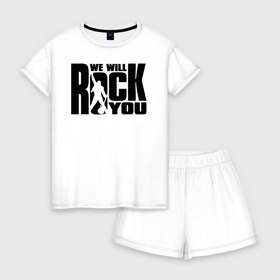 Женская пижама с шортиками хлопок с принтом Queen - We Will Rock You (двусторонняя) в Ухте, 100% хлопок | футболка прямого кроя, шорты свободные с широкой мягкой резинкой | freddie mercury | paul rodgers | queen | quen | the | богемская рапсодия | брайан мэй | глэм | группа | джон дикон | квин | королева | куин | меркури | меркьюри | музыкант | мэркури | песня | поп | роджер тейлор | рок