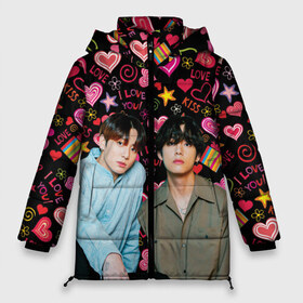 Женская зимняя куртка 3D BTS пейринг ВиГуки: в Ухте, верх — 100% полиэстер; подкладка — 100% полиэстер; утеплитель — 100% полиэстер | длина ниже бедра, силуэт Оверсайз. Есть воротник-стойка, отстегивающийся капюшон и ветрозащитная планка. 
Боковые карманы с листочкой на кнопках и внутренний карман на молнии | bts: пейринг ви и чонгук | k pop | бтс | вигуки